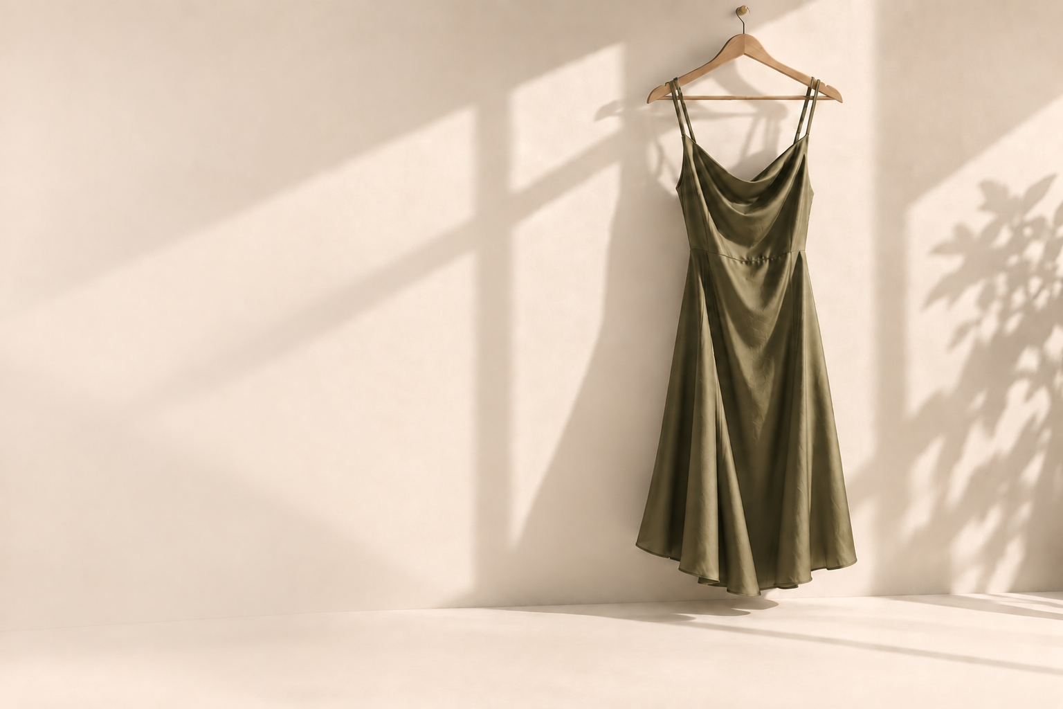 Olive satin midi dress on a wooden hanger against a sunlit cream wall