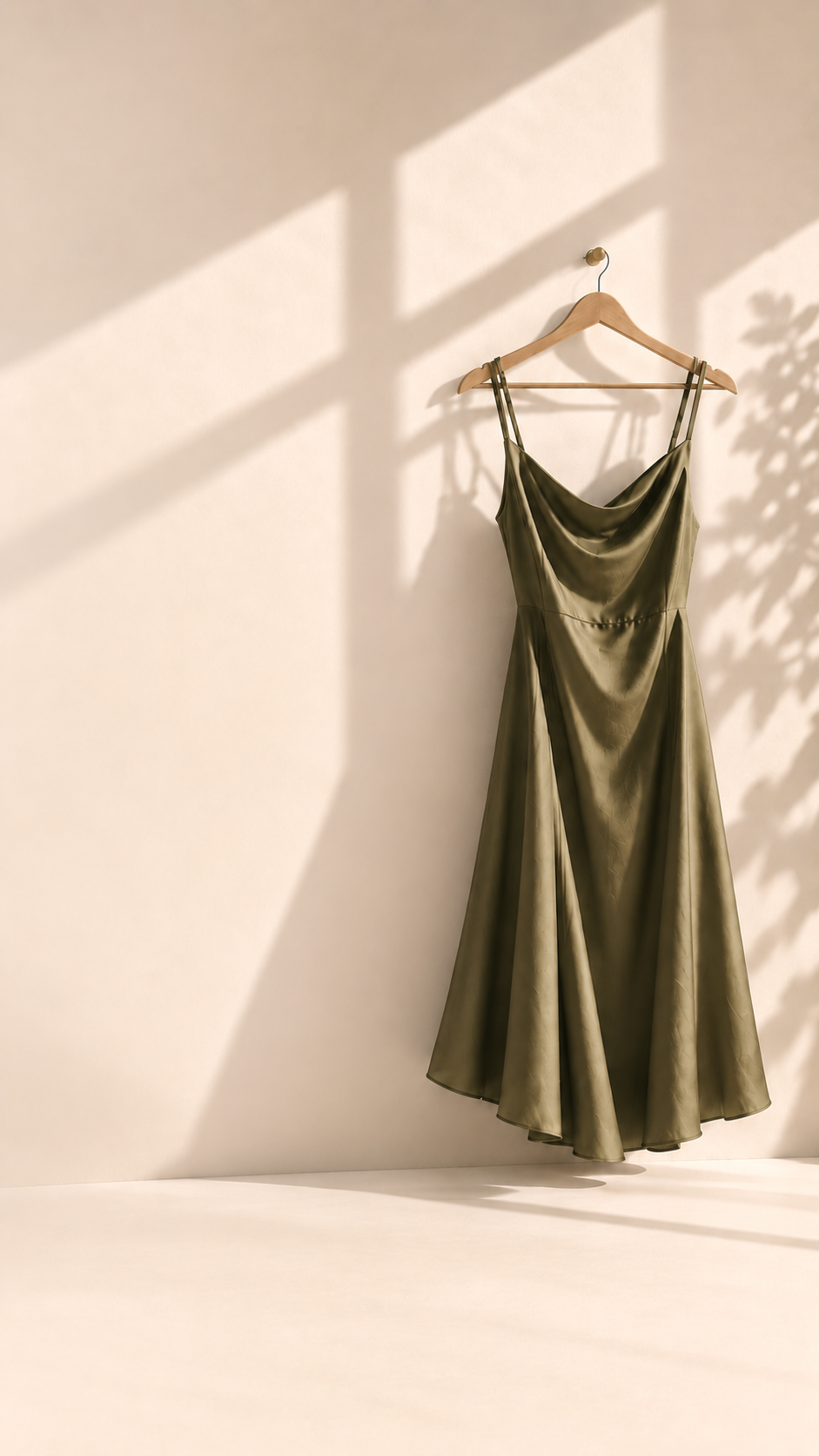 Olive satin midi dress on a wooden hanger against a sunlit cream wall