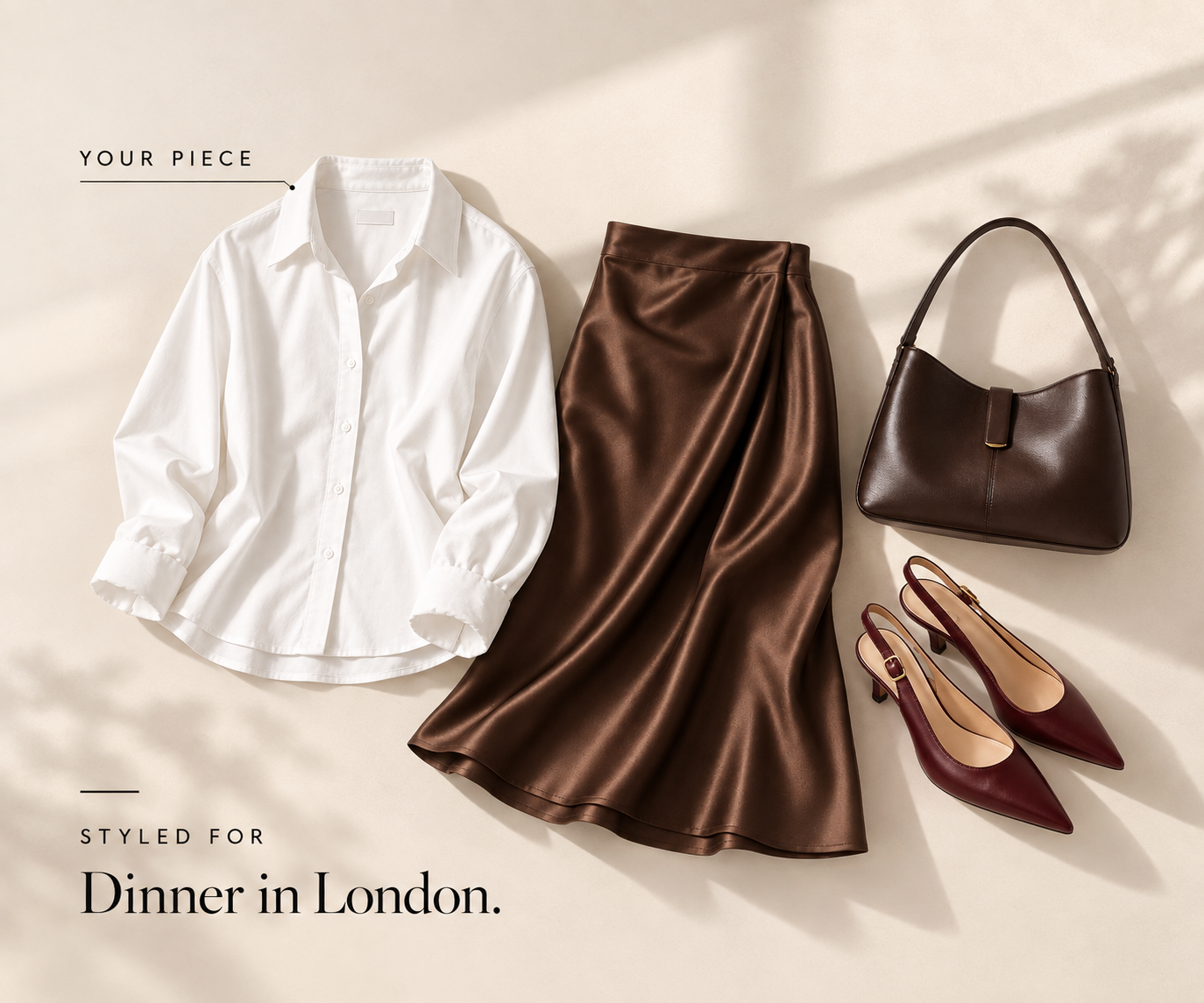 A white shirt styled with a chocolate satin midi skirt, dark brown leather bag and burgundy slingback heels, labelled YOUR PIECE and STYLED FOR Dinner in London.